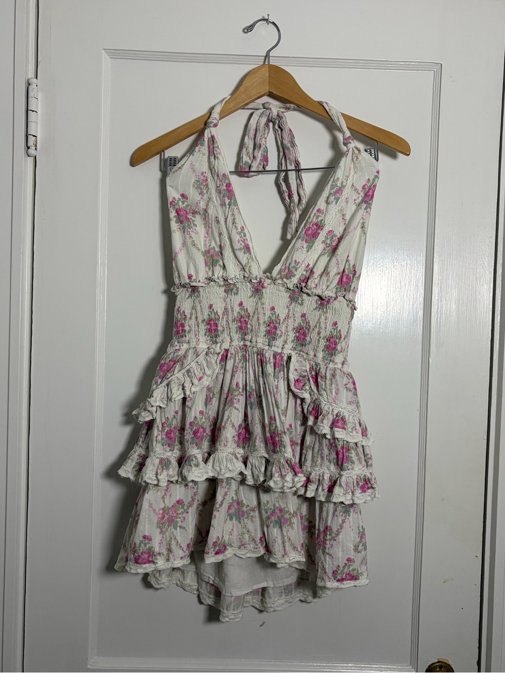 LoveShackFancy Floral Ruffle Halter Smocked Mini Dress Pink Ivory L